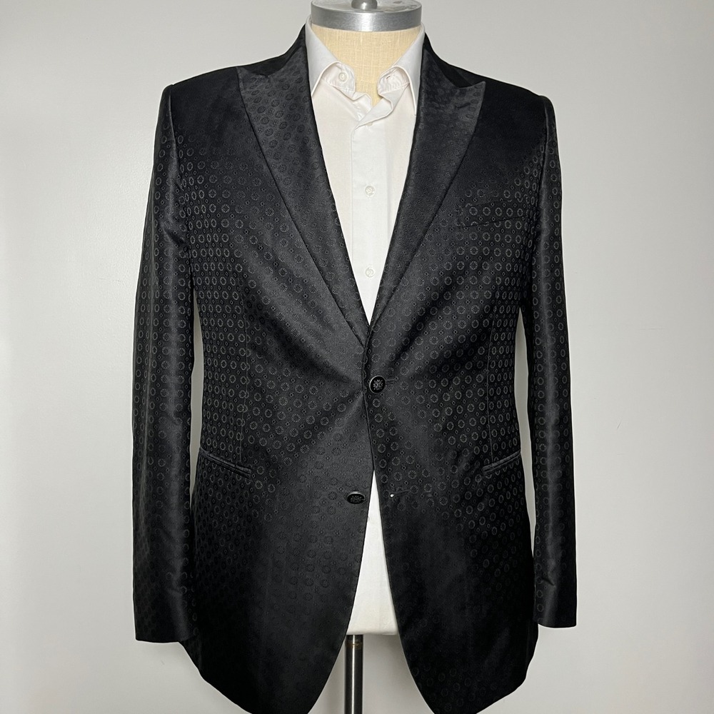 Tallia Blazer Mens 46L Black Geometric Medallion Pattern Two-Button Formal